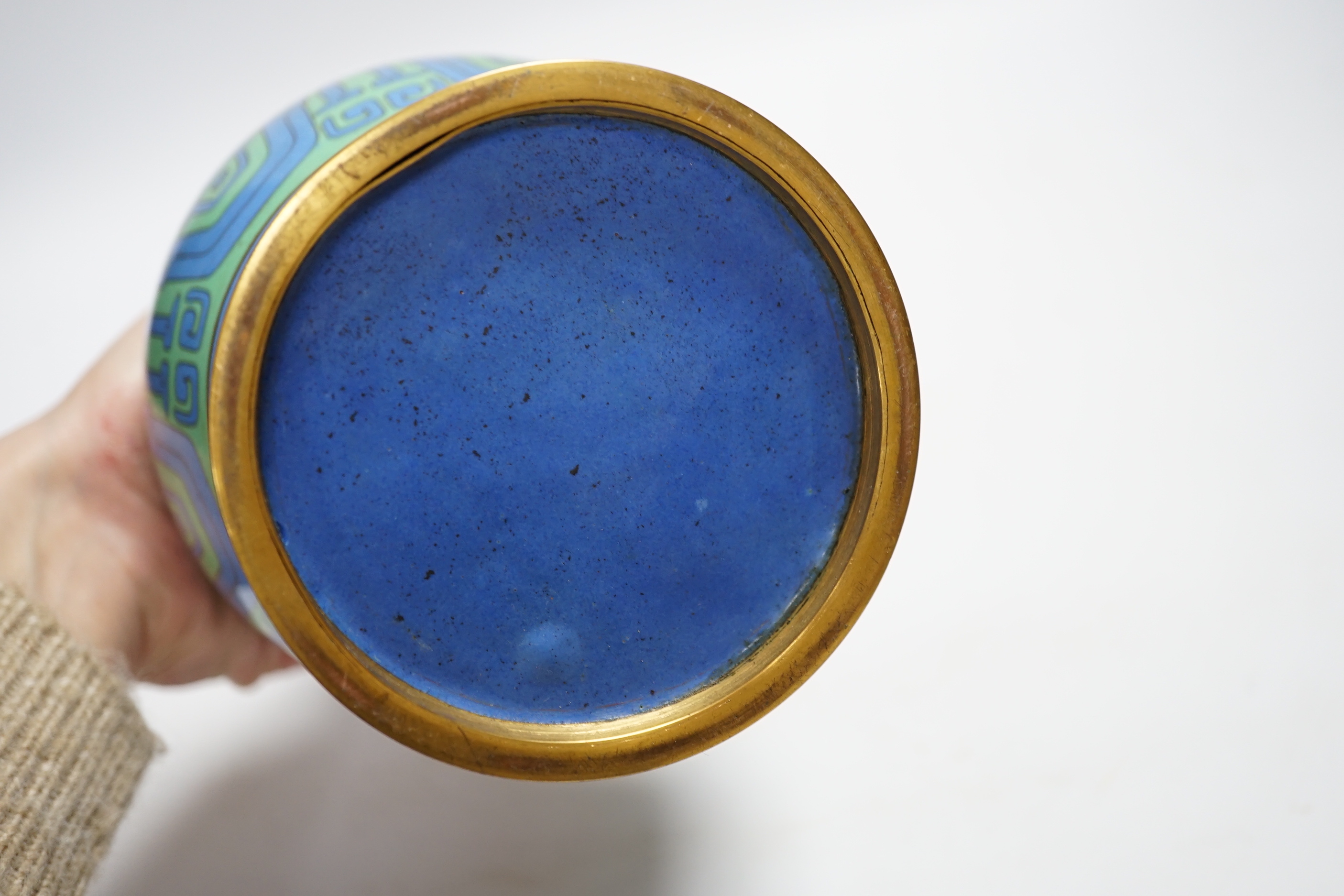 A Chinese green cloisonné enamel vase, hole to base, 27cm high